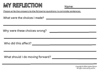 Preview of Behavior Reflection | Social Emotional Learning | Taking Responsibility