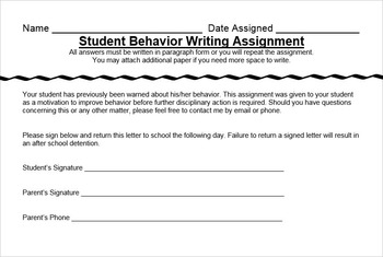 Preview of Behavior Reflection Writing Assignment