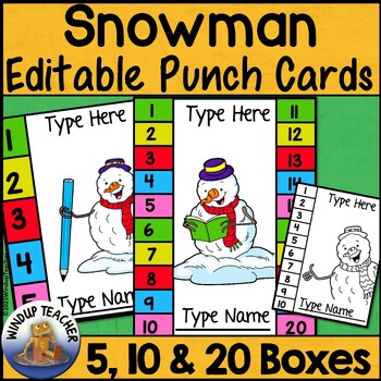 Preview of Behavior Reward Punch Cards - EDITABLE - Snowman Reading Writing Winter Fun