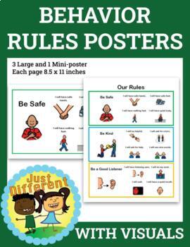 Preview of Behavior Rules Posters With Visuals | Be Safe, Be Kind, Listen | Social Skills
