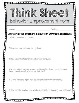 Behavior Think Sheet for Elementary Specials Classes | TpT