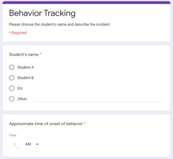 Preview of Behavior Tracking Google Form