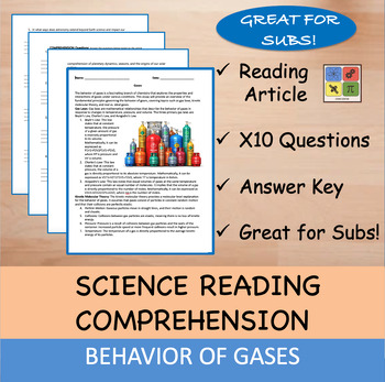 Preview of Behavior of Gases - Reading Passage and x 10 Questions (EDITABLE)