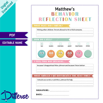 Preview of Behavior reflection sheet | Think sheet | Behavior Analysis | Self Reflection