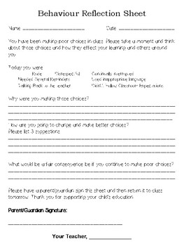 Preview of Behaviour Reflection Sheet