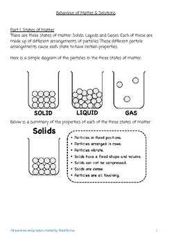 Behaviour of Matter Workbook by Teach It Wise | TPT