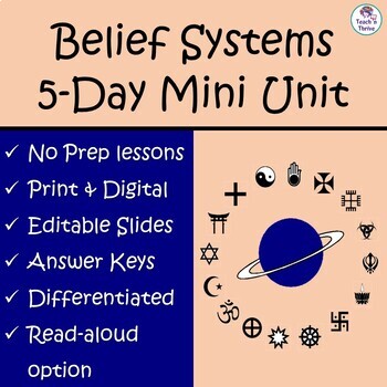 Preview of World Religions & Belief Systems 5-Day Unit Monotheistic + Polytheistic Editable