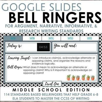 Preview of Bell Ringers for Middle School ELA Writing on Google Slides, Standards Based