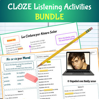Preview of Bellringers for Spanish Class - CLOZE Music Listening Comprehension Bundle