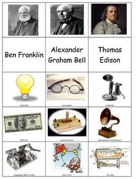 Preview of Ben Franklin Thomas Edison Alexander Graham Bell Sort inventions inventors ESL