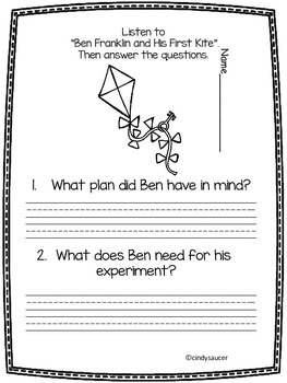 Ben Franklin and His First Kite, Centers and Printables by Cindy Saucer