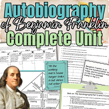 Preview of Ben Franklin Unit: Autobiography Excerpts, Activities, Vocab, Aphorisms, Test