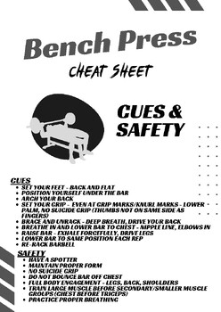 Preview of Bench Press - Chest Workout Cheat Sheet - Weightlifting, Fitness, Health, P.E.