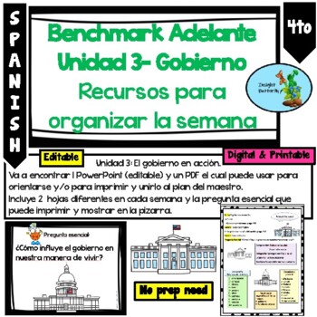 Preview of Benchmark Adelante 4th Grade Unit 3 Government Activities Editable