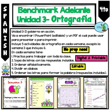 Preview of Benchmark Adelante 4th Grade Unit 3 Spelling Spanish diptongos triptongos hiatos