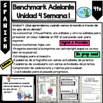 Preview of Benchmark Adelante 4th Grade Unit 4 Week 1 Comprension Ortografia Vocabulario