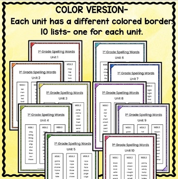 benchmark advance 1st first grade spelling lists units 1 10 tpt