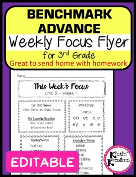 Preview of Benchmark Advance 3rd Grade EDITABLE Weekly Focus Flyer  (CA, National, Florida)