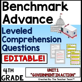 Preview of Benchmark Advance 4th Grade EDITABLE Leveled Comprehension Questions Unit 1