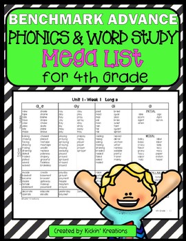 Preview of Benchmark Advance 4th Grade Word Study MEGA LIST CA, National, 2021/22, Florida