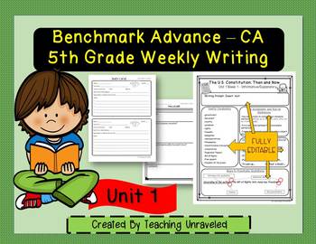 Preview of Benchmark Advance 5th Grade Unit 1 EDITABLE Weekly Writing