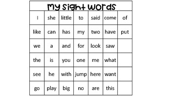 Preview of Benchmark Advance Kindergarten Sight Word chart