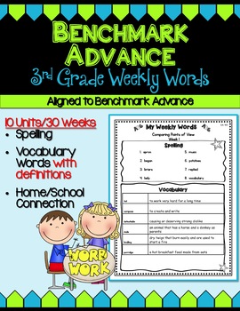 Preview of Benchmark Advance Third Grade Weekly Word Lists &Vocab  Definitions (w/Florida)