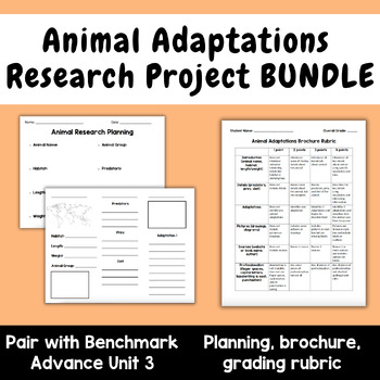 Preview of Benchmark Advance Unit 3 Animal Adaptations Brochure Research Project BUNDLE