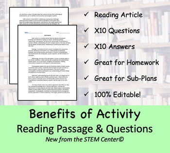 Preview of Benefits of Physical Activity - Reading Passage and x 10 Questions (EDITABLE)