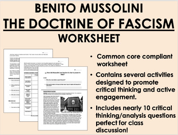 Preview of Benito Mussolini - The Doctrine of Fascism worksheet - WWII - Global/World