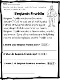 Benjamin Franklin Reading Comprehension Passage and Activities