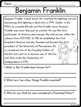Benjamin Franklin Biography Pack by Jessica Tobin - Elementary Nest