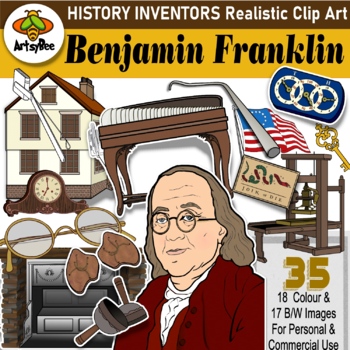 Preview of Benjamin Franklin Clipart Life, portrait and inventions Bundle of 35 images
