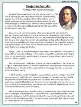 Benjamin Franklin Reading Comprehension by Rick's Resources | TpT