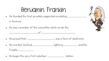 Preview of Benjamin Franklin Fill In The Blank