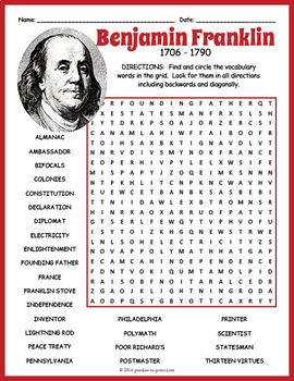 Benjamin Franklin Activity - Word Search FUN by Puzzles to ...