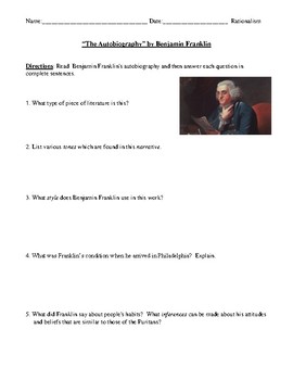 Preview of Benjamin Franklin's "Autobiography" Review/Assessment with Detailed Answer Key