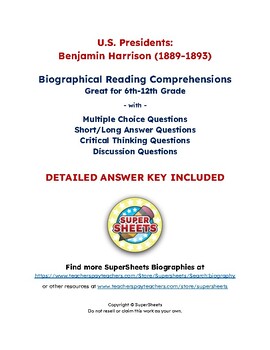 Preview of Benjamin Harrison Biography: Reading Comprehension & Questions w/ Answer Key