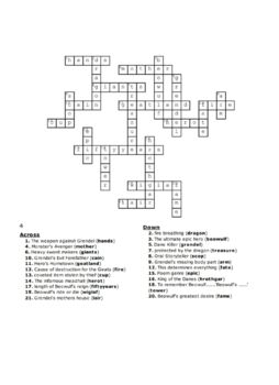 Beowulf Crossword Puzzle Review Worksheet with Questions for each battle