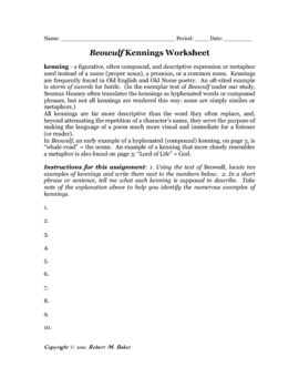 Beowulf Kennings Identification Worksheet by Robert M. Baker | TpT