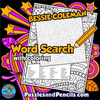 Preview of Bessie Coleman Word Search Puzzle with Coloring | Black History Month Wordsearch