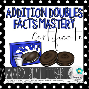 Preview of Addition Doubles Facts Mastery Certificate | Freebie