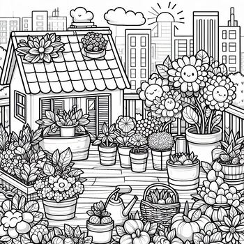 Preview of Best Free coloring picture Cute Rooftop Garden to fight Climate Change Earth Day