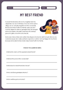 Preview of Best Friend Reading Comprehension Worksheet in Grey White Printable Style