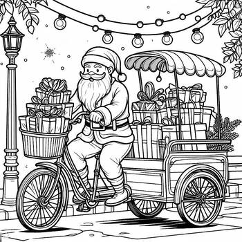 Preview of Best coloring picture Santa Claus using bicycle to deliver gifts on Christmas