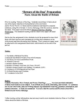 Preview of "Beware of the Dog" Homework Preparation with Facts About the Battle of Britain