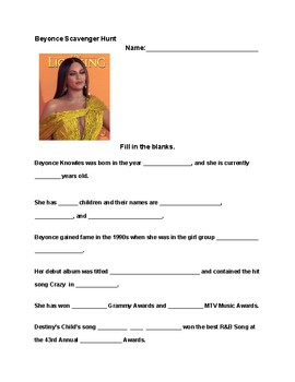 Preview of Beyonce Scavenger Hunt