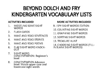 Preview of Beyond Dolch and Fry Kindergarten Vocabulary Lists and Activities
