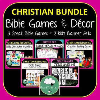Preview of BIBLE GAMES and Decor BUNDLE Bible Bingo, Character Matching, Banners