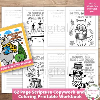 Preview of Bible Memory Verse Scripture Copywork Writing and Coloring Cute Animals Workbook